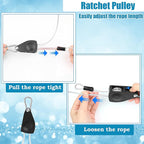 20FT Retractable Travel Clothesline, Adjustable Outdoor Clothesline Drying Clothes Line Laundry for Travel Camping, with Ratchet Pulley/ 2 Screws/ 2 Buckles (Black+Silver, 236, Inches)