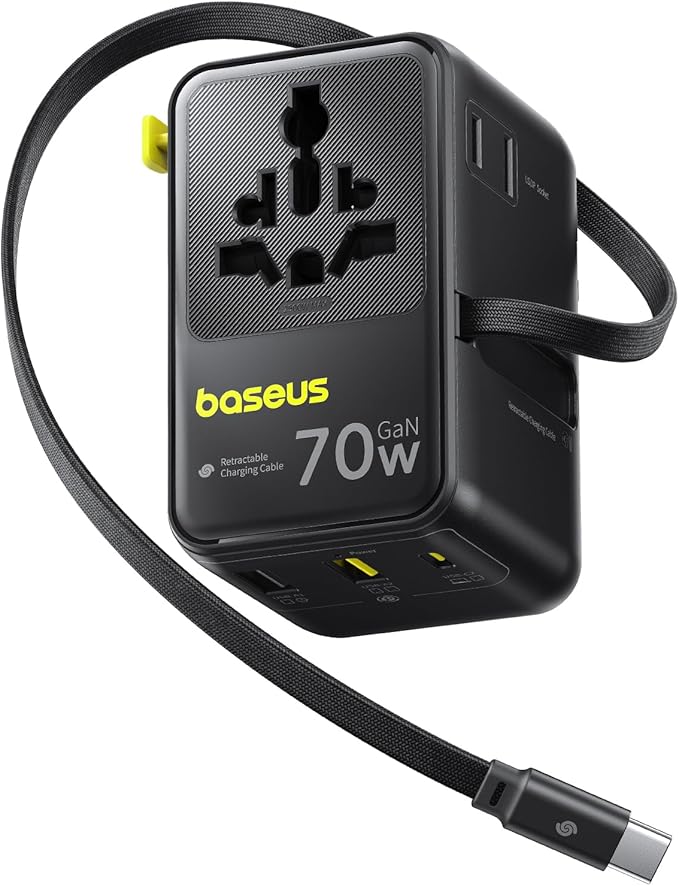 Baseus 70W Universal Travel Adapter, 6-in-1 International Plug Adapter with Retractable Cable, USB-C PD Fast Charging Worldwide Wall Charger for USA/EU/UK/AUS and Over 200 Countries - Enercore CG11