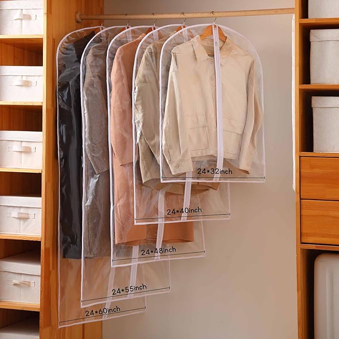 Garment Bags for Hanging Clothes, 6 PCs All Clear Garment Bag, Plastic Dustproof Suit Bag, Coat Protector Zippered Garment Covers for Closet Storage and Travel - 24'' x 32''/6 Pack