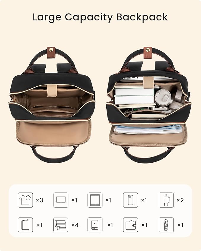 LOVEVOOK Laptop Backpack for Women with Giant Tumbler Holder Pocket, 18 inch Large Travel Work Backpack Purse for Teacher Nurse, Waterproof College Book Bag Cute Casual Daypack, Beige-Black-Brown