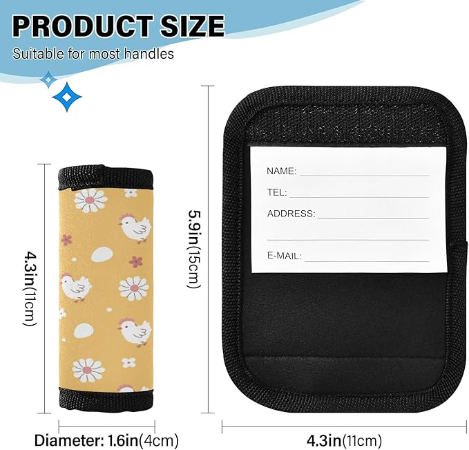 4 PC Luggage Handle Wrap Luggage Handle Covers Tags for Suitcase Bags Travel Luggage Handle Identifier Gripper Chickens Eggs and Flowers Yellow
