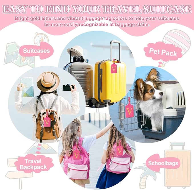Rose Red Personalized Initial Leather Luggage Tags with Privacy Cover Name Card, Custom Monogram Embroidered Cute Travel Backpack Tag Gifts for Women & Kids
