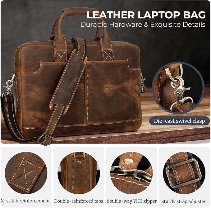 Augus Vintage Leather Briefcase for Men 15.6 Inch Laptop Computer Bag Retro Messenger Crossbody Shoulder Bag | Vintage Leather