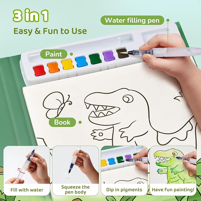 JoyCat Paint with Water Coloring Books for Toddlers, Watercolor Painting Sets for Kids Ages 3-5 4-8, Arts and Crafts Drawing Activities Toy Birthday Gifts for Boys Girls (Dinosaur & Vehicle)