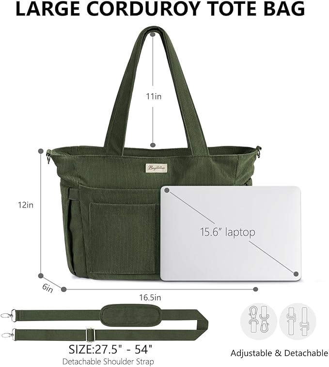 Bagstellar Corduroy Tote Bag for Women, 17 Pockets Laptop Work Tote Bag Lightweight Teacher Nurse Bible Bag for School Travel | with 40oz Cup Holder, Multi Compartment, Zipper Crossbody Bag, College Shoulder Bag, Daily Purse w/ Strap, Ideal Gift for Women