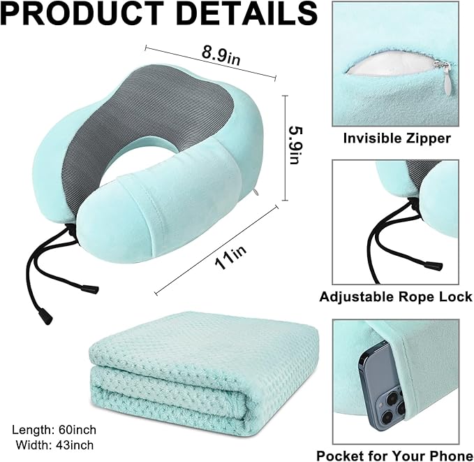 urnexttour Travel Pillow and Blanket Set Neck Pillows Soft Blankets with Sleep Mask Travel Essentials for Airplane Car Memory Foam Blue Green