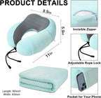 urnexttour Travel Pillow and Blanket Set Neck Pillows Soft Blankets with Sleep Mask Travel Essentials for Airplane Car Memory Foam Blue Green