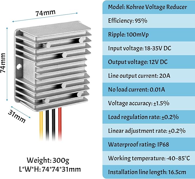 Kohree 24V to 12V Step Down Converter Regulator Reducer 20A 240W Golf Cart DC/DC Converter Regulator Reducer Waterproof for Club Car Truck Vehicle Boat Solar System Scooters Bicycles