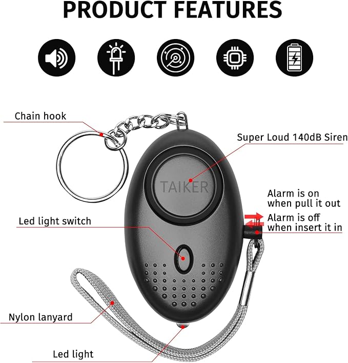 Personal Alarm for Women, 5 Pack 140DB Emergency Self-Defense Security Alarm Keychain with LED Light for Women Kids and Elders-Black, Silver, Purple, Gold, Blue