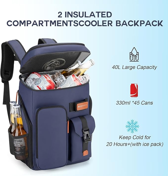 BAGPARKK Insulated Cooler Backpack,33/45 Cans Multifunctional Double Deck Leakproof Cooler Bag with Sternum Strap,Large Capacity Lightweight Travel Camping Beach Backpack