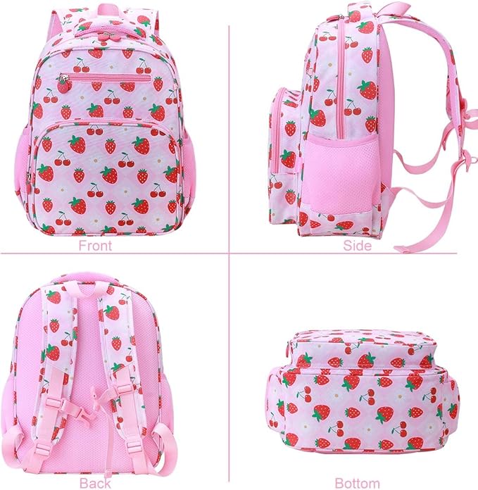 RHCPFOVR Kids Backpack for Girls - Girls Backpack 3-8 Ages Strawberry for Kids 15 Inch School Bookbag for Kindergarten Elementary School Bookbag for Girl 1st 2nd Grade