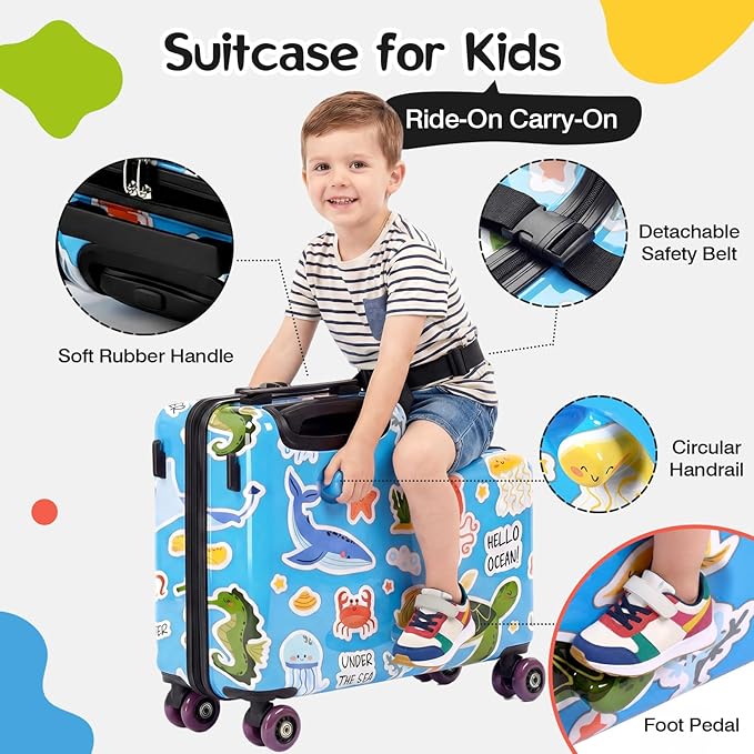 smilesun 20" Ride-On Suitcase for Kids, Cute Pattern, Lightweight Hardshell Carry-On Luggage with Double Spinner Wheels, TSA Lock for Boys & Girls（Blue）