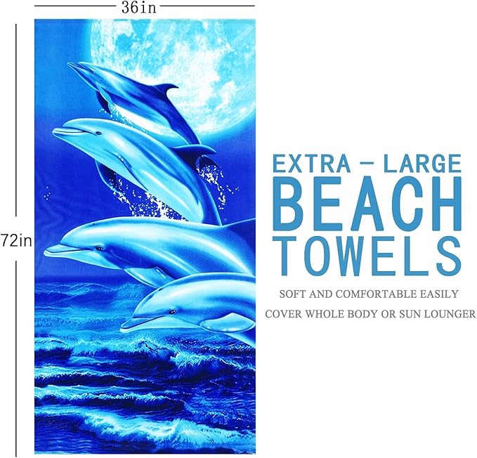 Genovega Oversized Terry Beach Towel 36 x 72 in Soft Extra Large Big Pool Swim Towels for Adults XL Clearance Big Travel Blanket Cruise Vacation Accessories Essentials Lounge Chair Cover Dolphin Sea