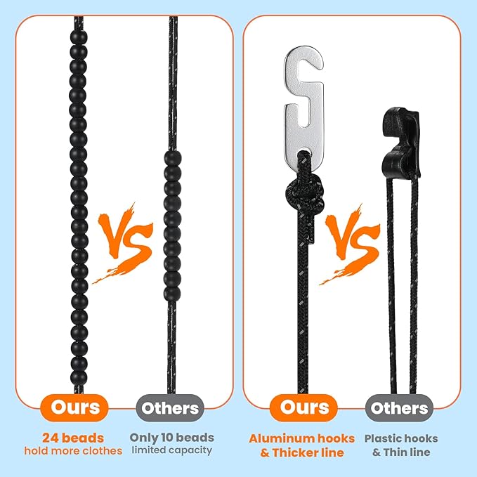 Compact Travel Clothesline Lightweight Camping Clothes Line, 24 Beads, 11.5 Feet