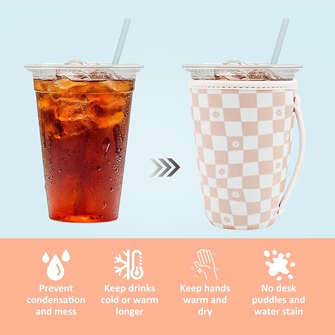 KJQJLY 3 Pack Reusable Iced Coffee Sleeves for Iced Coffee Cups or Drinks Reusable Neoprene Insulated Sleeves for Hot and Cold Drinks from Starbucks, Dunkin, And More (Floral Checkers)