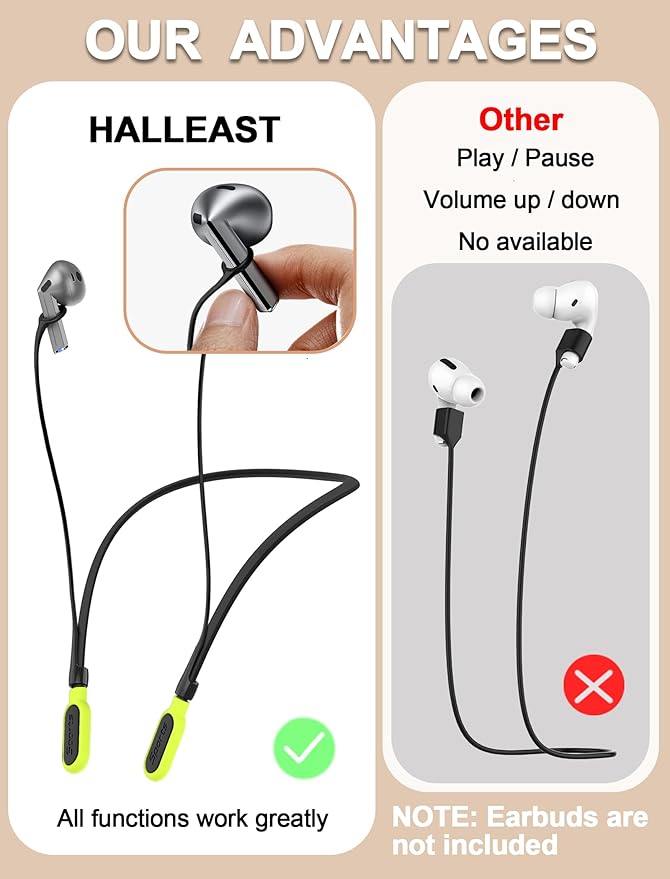 HALLJOY for Galaxy Buds 4/4 Pro/Buds 3/3 Pro Strap Neckband, Anti-Lost Accessories, Support Volume Control, Ergonomic Design, Fit Airpods Pro 3/2/1, Airpods 4, 3, 2, 1, Black Band/Yellow Tip