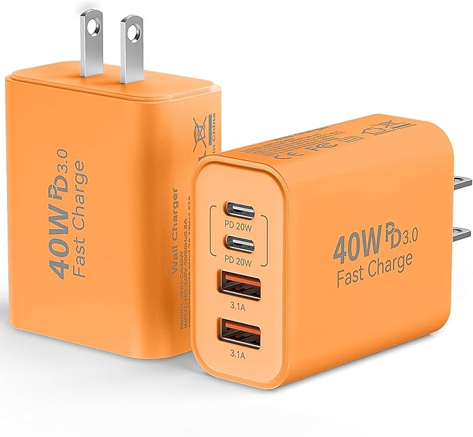 USB C Wall Fast Charger Block, 40W 4-Port Type C Charger Fast Charging Blocks +QC 3.0 USB C Multiport Charger Brick for Phone 17/16/15/14/13/12 Pro Max, Pad, Cosmic Orange