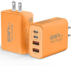 USB C Wall Fast Charger Block, 40W 4-Port Type C Charger Fast Charging Blocks +QC 3.0 USB C Multiport Charger Brick for Phone 17/16/15/14/13/12 Pro Max, Pad, Cosmic Orange