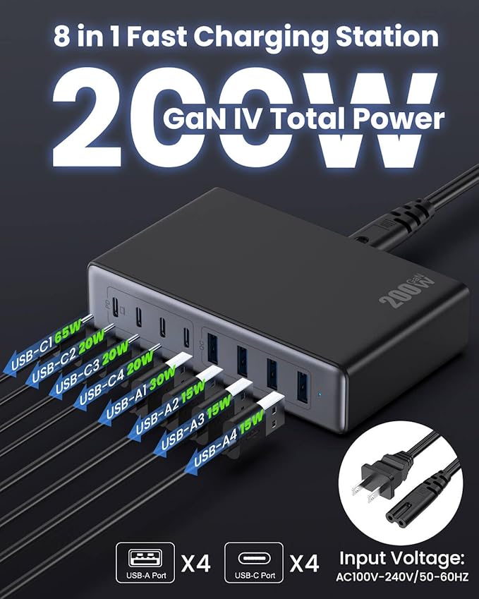 USB C Charger 200W USB C Charger Block,Upgraded GaN III 8-Port Fast Charging Station Hub,PD 65W Laptop Charging Adapter Compatible with MacBook Pro/Air,DELL,Steam Deck,iPhone 16/15/14,Galaxy S23/22