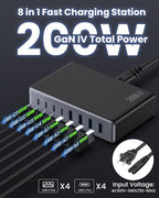 USB C Charger 200W USB C Charger Block,Upgraded GaN III 8-Port Fast Charging Station Hub,PD 65W Laptop Charging Adapter Compatible with MacBook Pro/Air,DELL,Steam Deck,iPhone 16/15/14,Galaxy S23/22