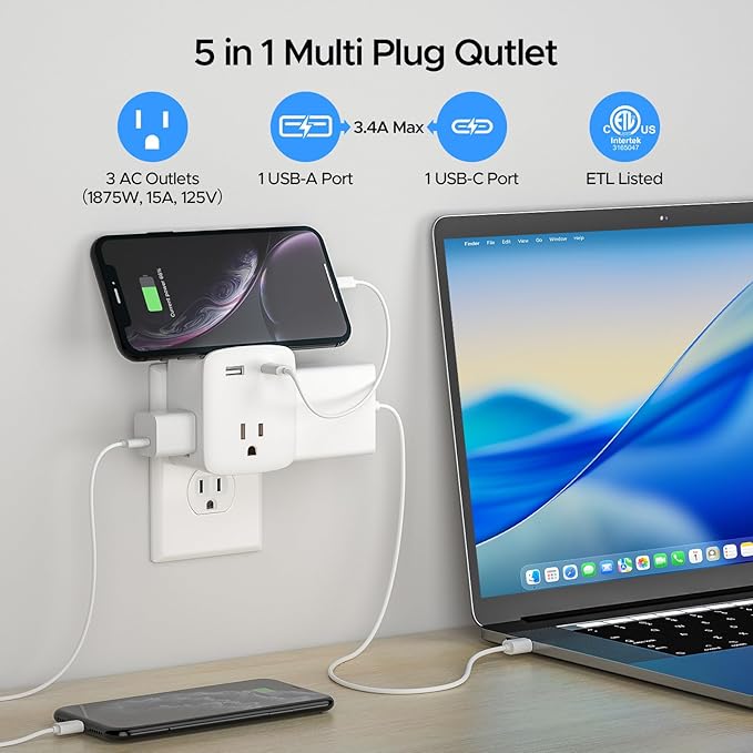 Cruise Ship Approved Outlet Extender, Non Surge Protector Power Strip with 3 AC Outlets & 2 USB (1 USB-C), Multi Plug Adapter, Travel Cruise Essentials, ETL Listed.