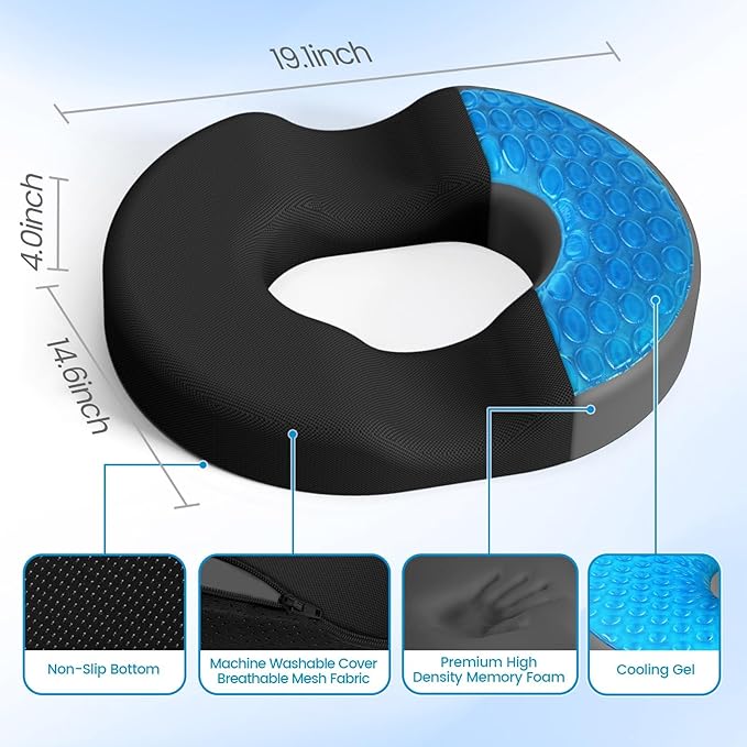 Donut Pillow Seat Cushion - Cooling Gel Donut Chair Cushions, Memory Foam Seat Cushion for Office & Home, Car Seat Cushion and Butt Pillow, Hemorrhoids Pillow and Tailbone Pain Relief, Black
