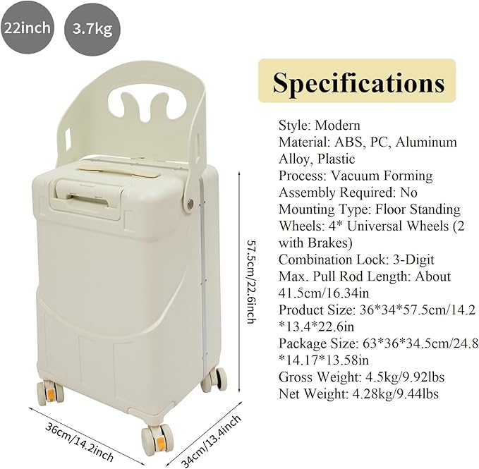 CNCEST 22" Kid's Ride-on Luggage with Foldable Seat,Travel Carry On Trolley Case for Kids,Children's Ride On Top Opening Suitcase with Password Lock (StyleA, White)