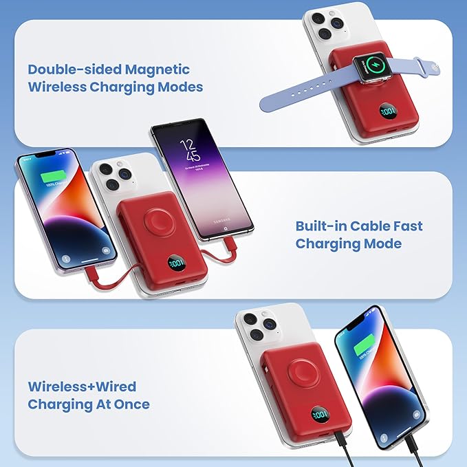 6 in 1 Magnetic Portable Charger for iPhone with Built-in Cables, 10800mAh 25W PD Fast Charging Power Bank, 6 Outputs Travel Essential Battery Pack for iPhone 17/16/15/14/13/12,Apple Watch (Red)