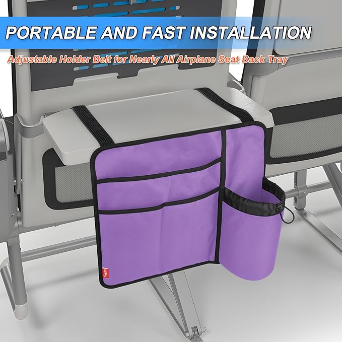 Airplane Seat Back Organizer & Storage, Airplane Tray Table Cover for Personal Items, Airline Seat Hanging Pockets Media Pouch,Reusable Travel Essentials,Fits Tablets,Cell Phone,Water Bottle (Purple)