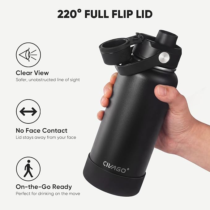 CIVAGO 32 oz Insulated Stainless Steel Water Bottle with Detachable Straw, Large Metal Water Jug with Bucket Handle, Leakproof Sports Water Flask with Silicone Boot, Dishwasher Safe, Army Green
