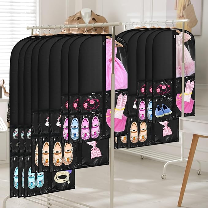 Woanger 6 Pcs Garment Bags for Dance Costumes Clear PVC with Zippers Garment Bag with Pockets Dance Costume Organizer Carrier for Storage Cover for Adult(Black,20'' X 40'',24'' X 50'',24'' X 60'')