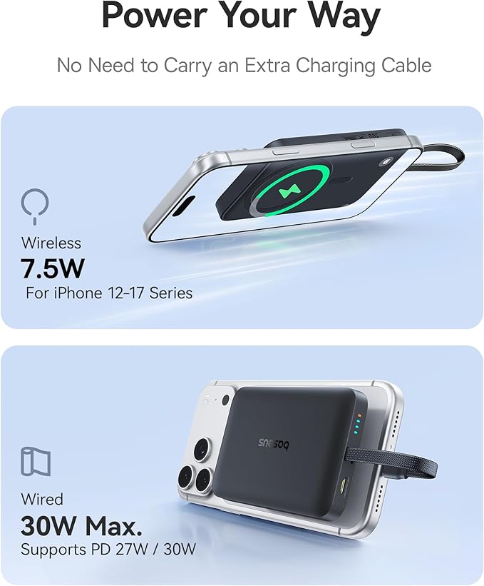 Baseus 0.3" Ultra Slim 5000mAh MagSafe Portable Charger Bundle with 10,000mAh 30W Magnetic Portable Charger Built-in Braided USB-C Cable for iPhone 17 Pro Max/Air/16/15/14/13, AirPods, iPad