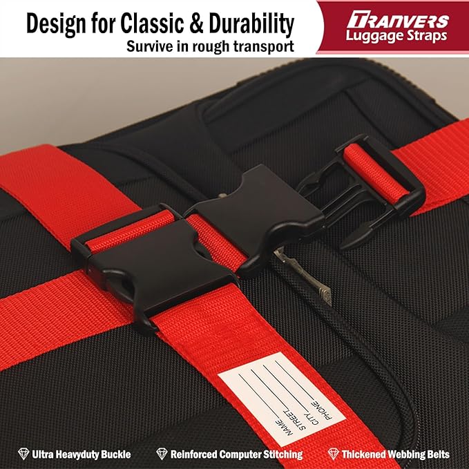 Ultra Long Heavy Duty Luggage Straps for Suitcases/Uprights/Duffels/Bags, 79" Adjustable Travel Packing Belts for Cargo Safety, Sturdy Baggage Strap Belts Multi-Pack