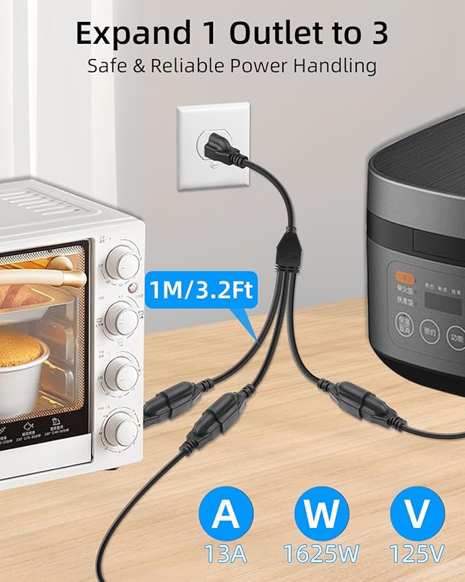 18AWG 3 Prong Extension Cord Splitter, NEMA 5-15P to 5-15R 3 Way Extension Power Outlet Splitter Cable for Home,Room,Office(1M/3.2FT)