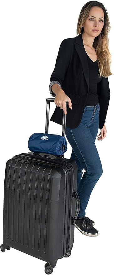 BlueHills Premium Soft Compact Travel Blanket Value Pack Set of 2 - Airplane Flight Blanket Throw in Soft with Luggage Belt Compact Pack Large Blanket for Travel Black and Navy Blue Color