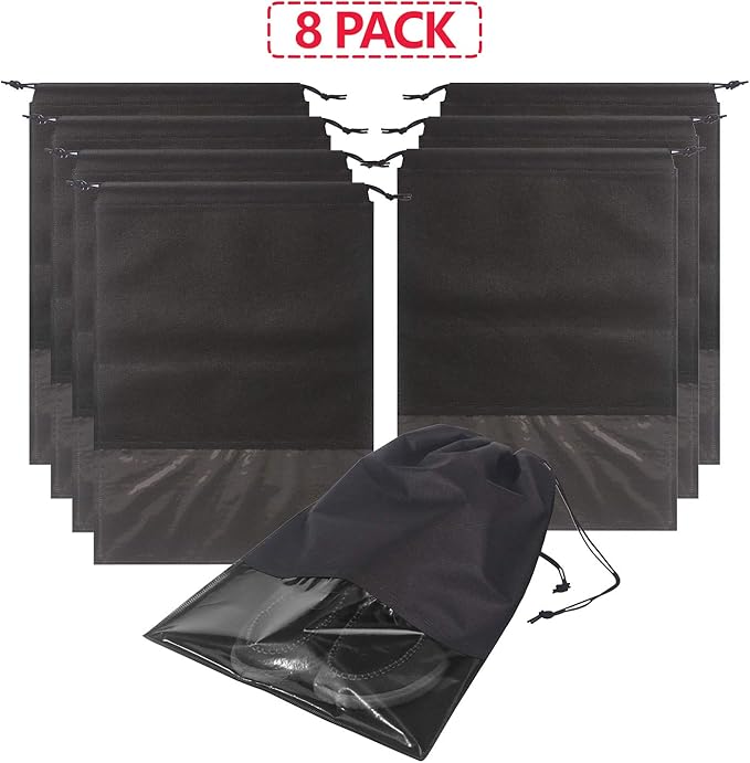 8 PCS Shoe Bags for Travel Non-Woven Large Shoes Pouch Storage Organizer with Rope for Men and Women Black