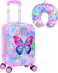 Cute Butterfly Kids Suitcase 2PC Set with 360° Spinner Wheels, Lightweight Travel Carry-On Hardshell Luggage for Girls, Toddler & Elementary Children
