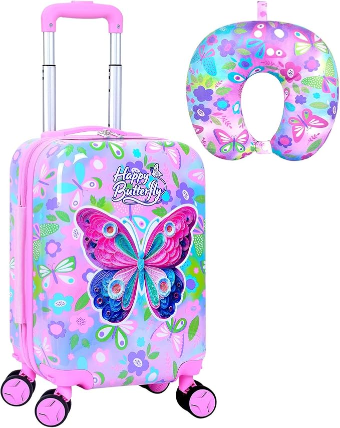 Cute Butterfly Kids Suitcase 2PC Set with 360° Spinner Wheels, Lightweight Travel Carry-On Hardshell Luggage for Girls, Toddler & Elementary Children