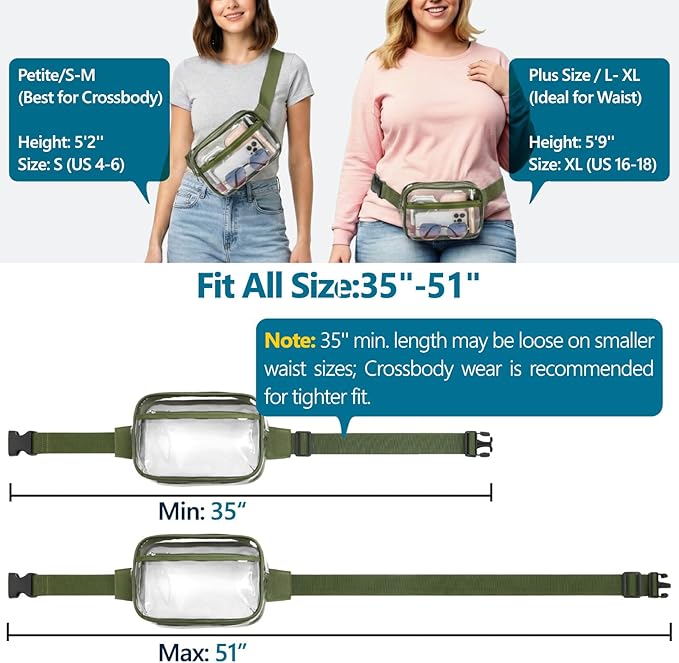 Veckle Clear Fanny Pack Stadium Approved - Plus Size 35-51 Inch Adjustable Strap Transparent Belt Bag for Women Men Fits 7.5" Smartphone, Crossbody Clear Bag for Stadium Events Sports Concerts, Green