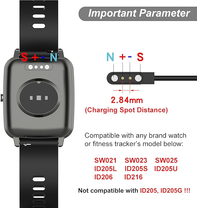 Charger for VeryFit Smart Watch - IDW26, IDW25, IDW23, IDW21, IDW19, IDW17, IDW16, IDW15, IDW13, ID205L, ID206 - Magnetic Charging Cable (2-Pack, 3.3ft/1m)