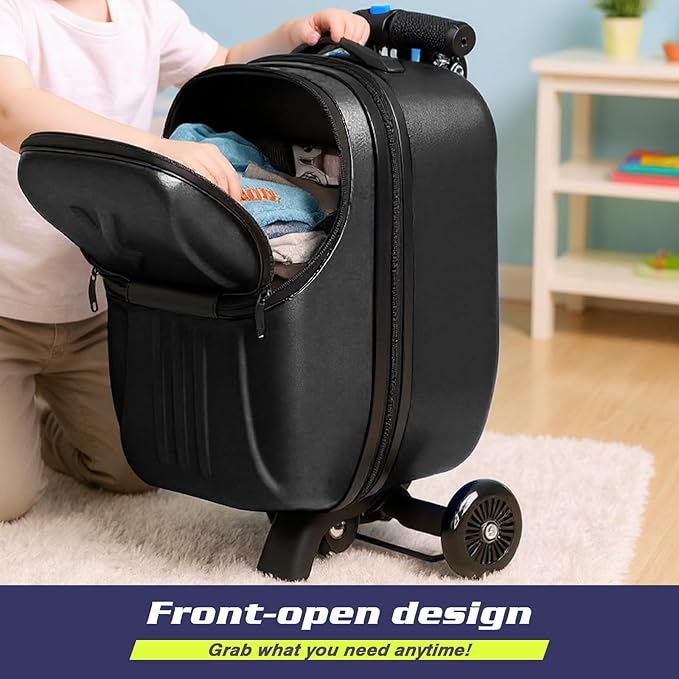 smilesun Foldable Ride On Scooter Suitcase with Front Opening, Lightweight Carry On Scooter Luggage for Adults, Teens & Kids（Black 20-inch）