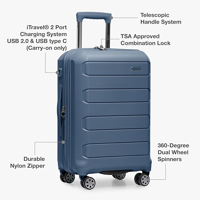 Traveler's Choice Pagosa Hardshell Expandable Luggage with Spinner Wheels, Slate Blue, 22-Inch Carry-on