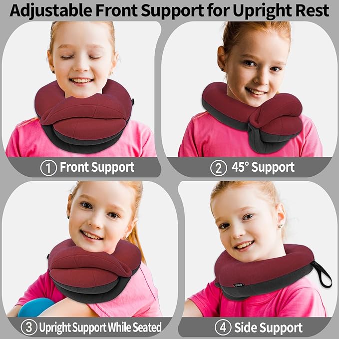 BUYUE Kids Travel Pillows for Airplane, Memory Foam 360° Head Support Sleeping Essentials for Long Flight, Skin-Friendly Soft Neck Pillow for Traveling in Car Seat, (Small, Red Grey, 40-90 lbs)