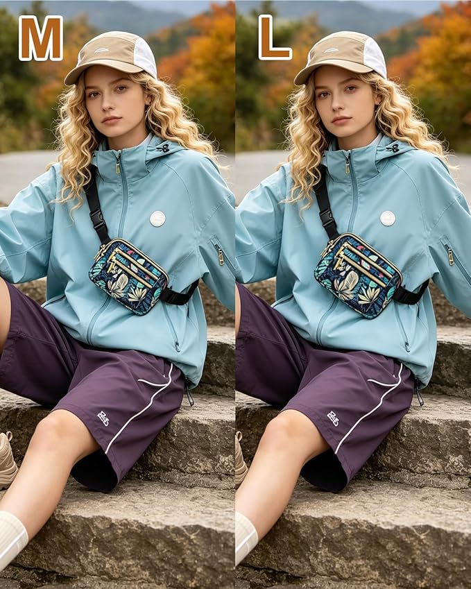 Capolo Fanny Packs for Women Fashion Waist Packs Bag with Adjustable Strap and 4 Zipper Pockets Waterproof Everywhere Crossbody Belt Bag for Workout Running Travelling(Blue Leaves)