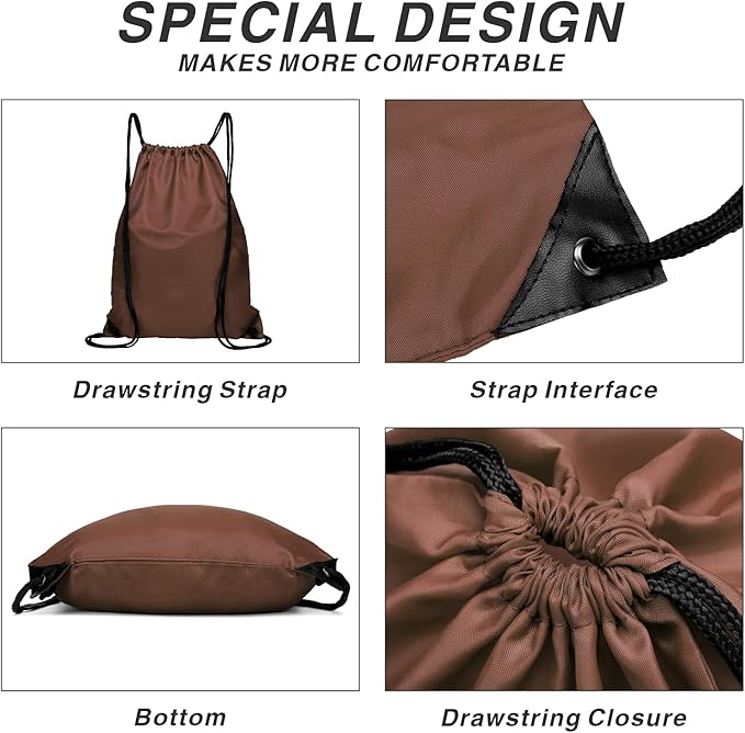 Drawstring Backpack Sports Water Resistant String Bag Sport Gym Sackpack for Women Men Students Large Size with Zipper, Brown