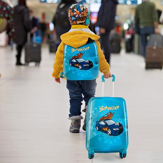 Goplus 2 PCS Kids Luggage, 13" & 16" Carry-on Suitcase w/Spinner Wheels, Telescopic Handle, Hard Shell Rolling Trolley Luggage for Toddler Boys Girls Travel, Airline Approved (Blue, Racing Car)