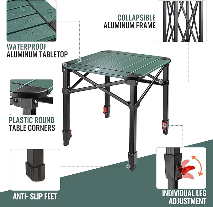 VILLEY Folding Camping Square Table with Carry Bag, Lightweight Aluminum Adjustable Square Table for Outdoor, Camping, Picnic, Backyards, BBQ, Small