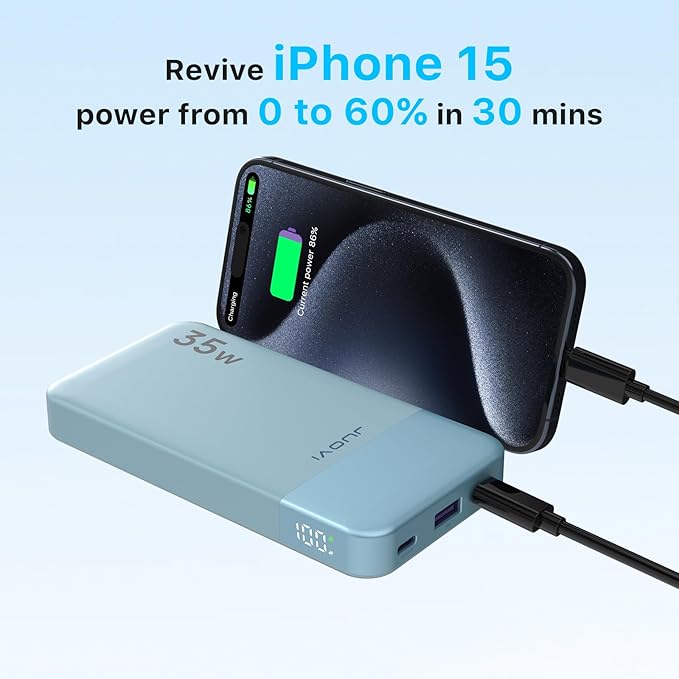 JUOVI Power Bank 10000mAh, 35W Portable Charger,Fast Charging Portable Battery Pack with PD 3.0 & QC 4.0, USB C Portable Power Bank for iPhone 15 14 13 Series, Galaxy, Tablet, Switch, and More (Blue)
