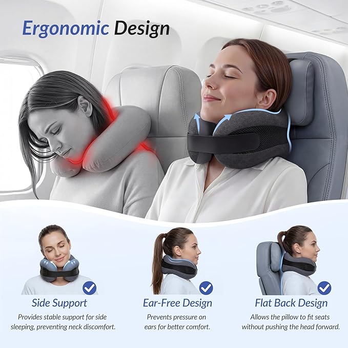 ZIKEE Dual-Layer Memory Foam Neck Pillow for Airplane, Travel Pillow with Seat Straps to Secure Head & Neck, Ergonomic Ear-Friendly Neck Pillow for Traveling with Breathable Vent Holes, Airy Cover