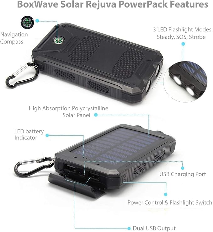 BoxWave Power Bank Compatible with Energizer Energy E500S - Solar Rejuva PowerPack (10000mAh), Solar Powered Backup Power Bank 10000mAh - Jet Black